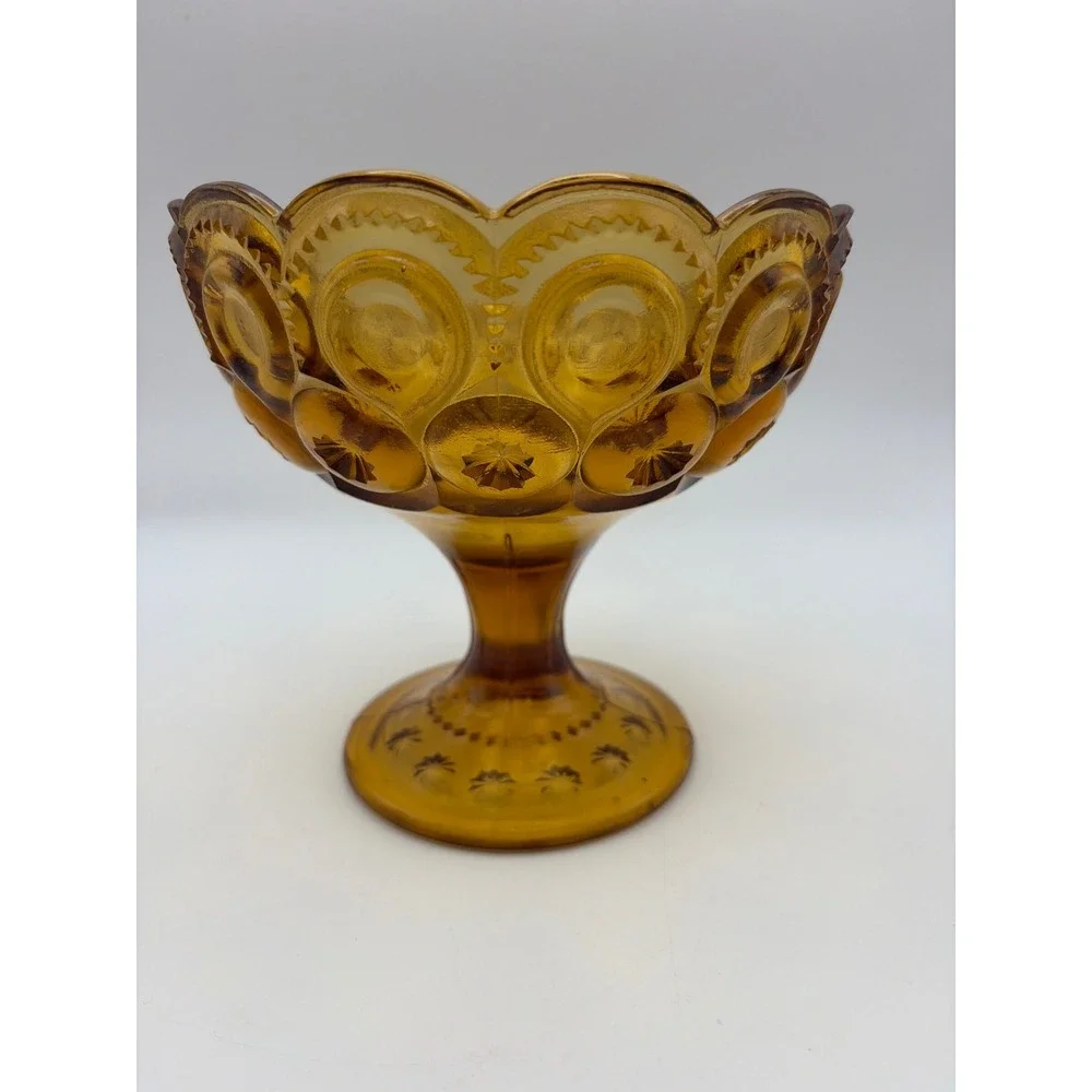 Vintage LE Smith Amber Glass Moon & Star Pedestal Compote Candy Dish Celestial